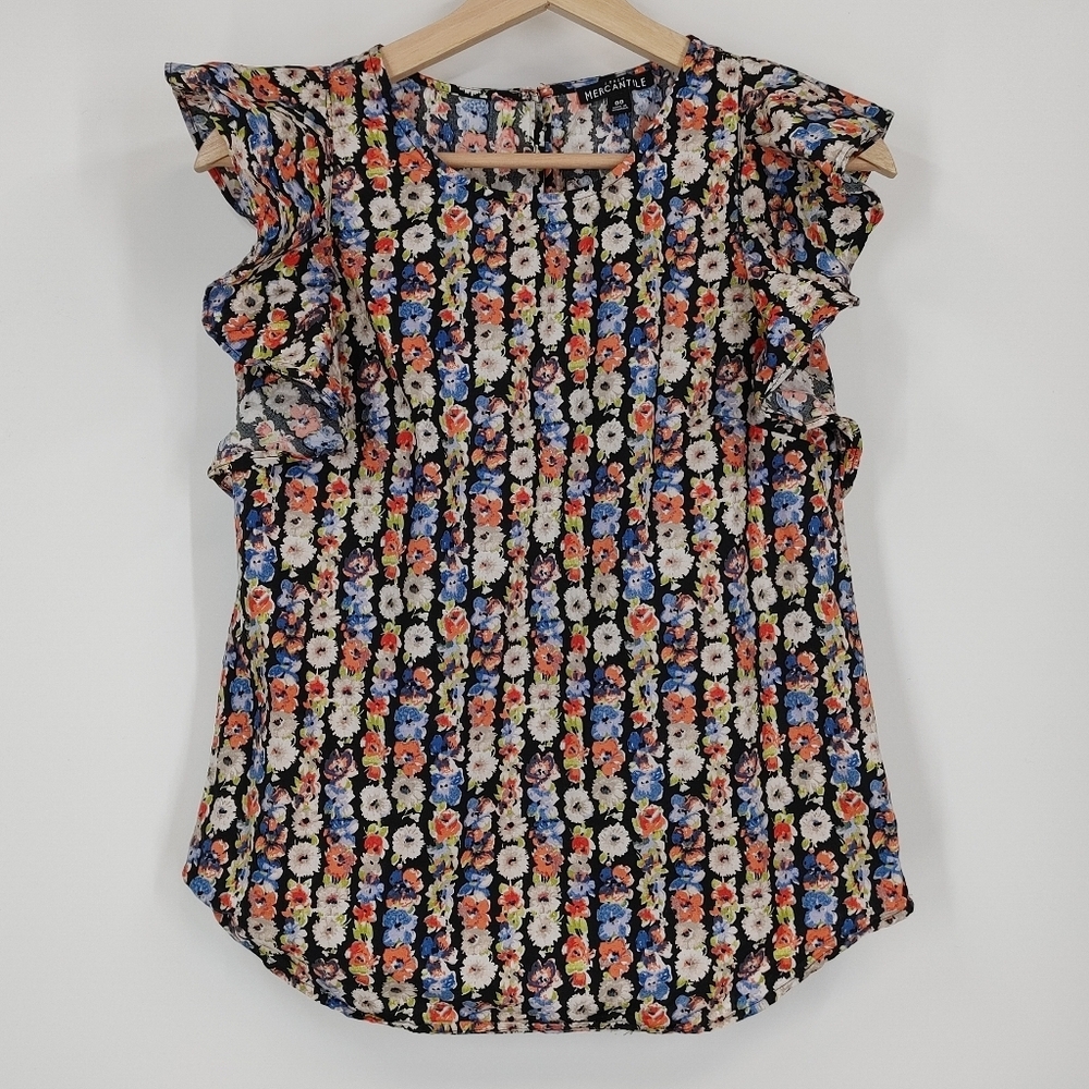 J. Crew Black Floral Ruffle Sleeve Blouse